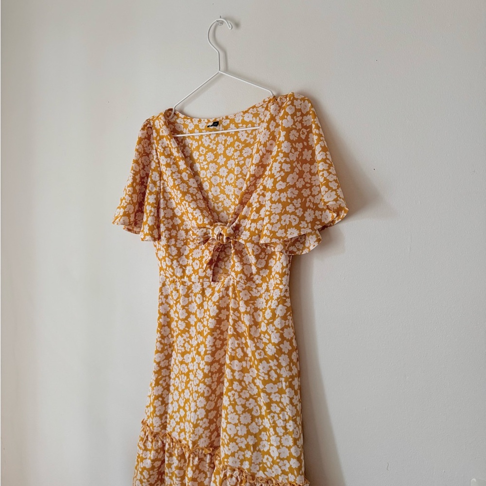 Floral Yellow Tie Front Casual Dress